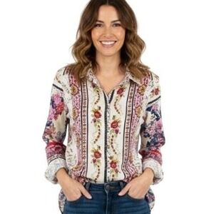 Cyrena Tunic Shirt Womens Small Multicolor Floral Button Front Boho Long Sleeve